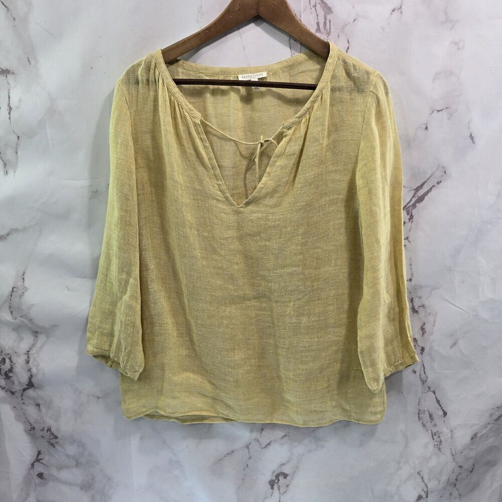 Eileen Fisher Light Yellow Linen V-Neck Peasant Blouse